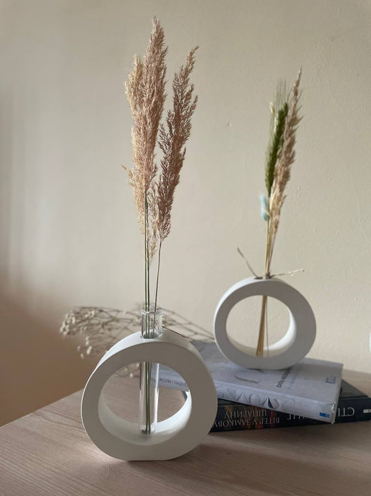 Modern Circle Tube Vase — Gypsum Base with Glass Insert
